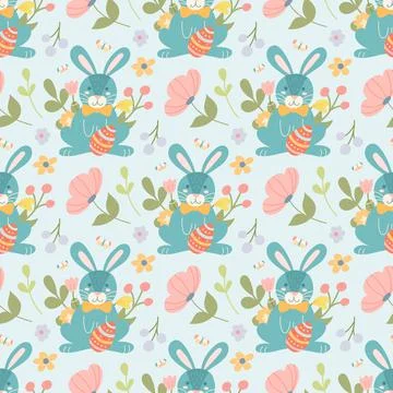 Cute Easter bunny with egg and plants, flowers. Vector seamless pattern Stock Illustration