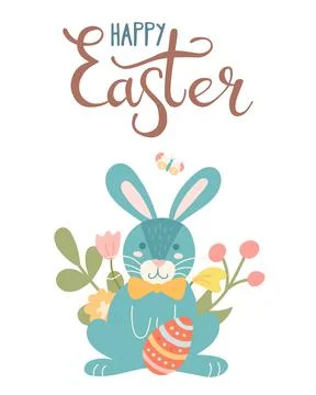 Cute Easter bunny with egg and plants, flowers. Vector image, postcard in Stockillustratie