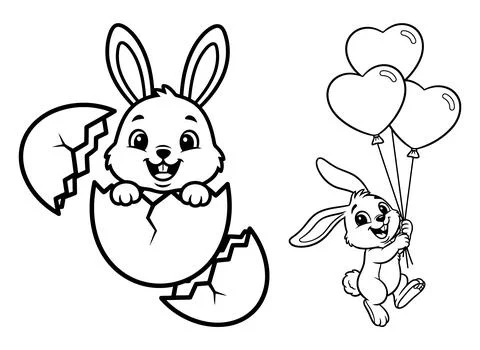 Cute Easter Bunny In Egg And With Heart Balloons Coloring Set イラスト素材