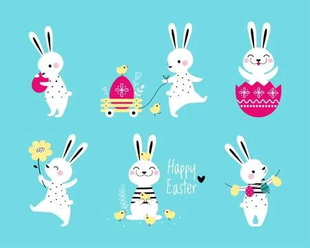 Cute Easter Bunny with Egg on Blue Background Vector Illustration Set Stock Illustration