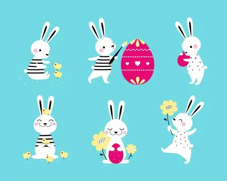Cute Easter Bunny with Egg on Blue Background Vector Illustration Set Stock Illustration