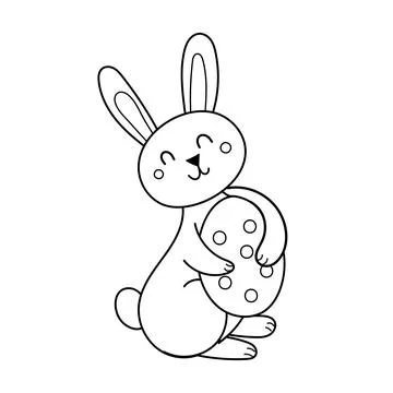 Cute Easter bunny with egg coloring page. Spring black and white print for Stock Illustration