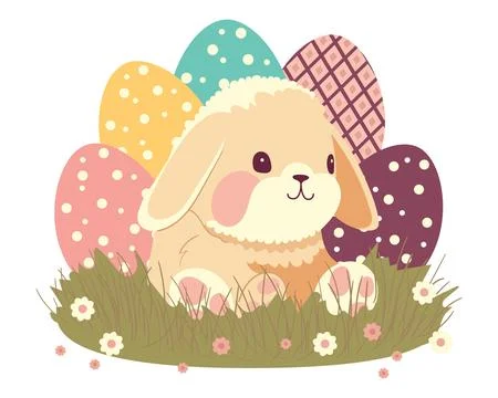 Cute Easter bunny with an egg. Festive spring clipart or sticker. Hand draw.. Stock Illustration