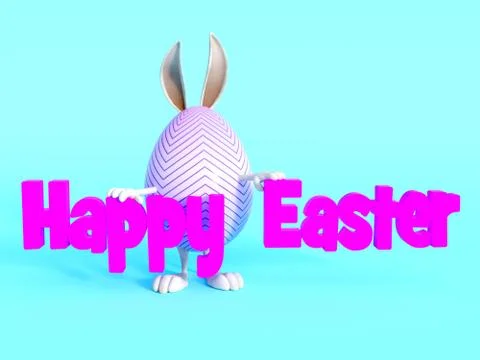 Cute Easter bunny egg standing behind Happy Easter sign. Stock Illustration