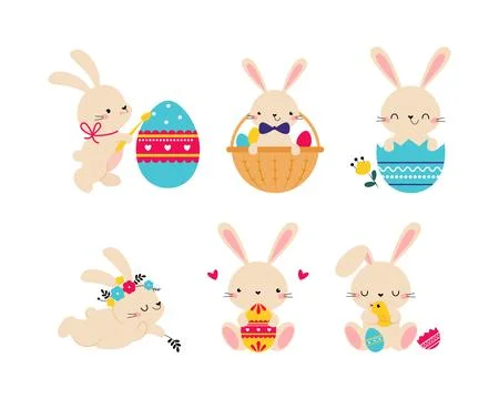 Cute Easter Bunny with Egg Vector Illustration Set Stock Illustration