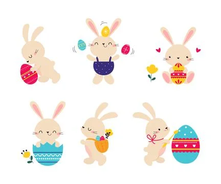 Cute Easter Bunny with Egg Vector Illustration Set Stock Illustration
