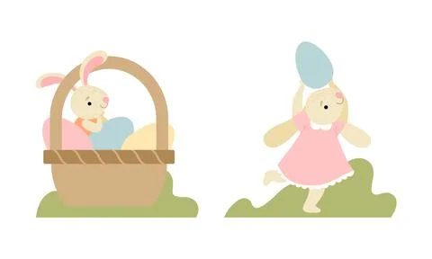 Cute Easter Bunny with Egg in Wicker Basket Vector Set Stock Illustration