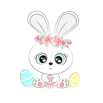 Cute Easter bunny with eggs, cute children's illustration, for card design Stock Illustration