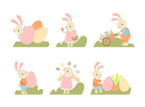 Cute Easter Bunny with Eggs in the Garden Vector Set Illustrazione stock