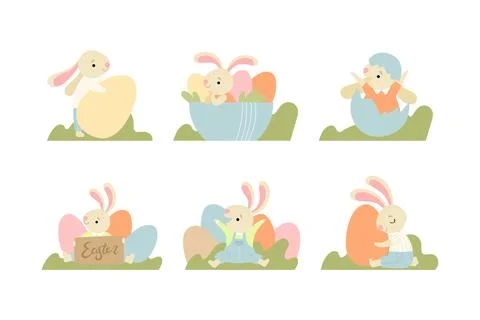 Cute Easter Bunny with Eggs in the Garden Vector Set Stock Illustration