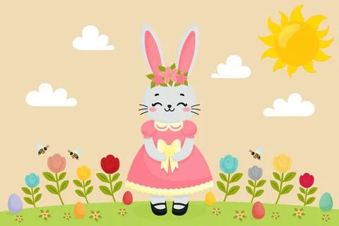 Cute Easter Bunny Enjoying an Easter Egg Hunt on a Sunny Spring Day Flat Ve.. Stock Illustration