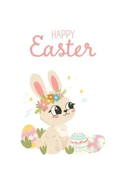 Cute Easter Bunny with Flower Crown and Eggs Stock Illustration