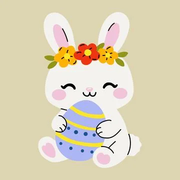 Cute Easter Bunny with Flower Crown Holding Easter Egg Stock-Illustration