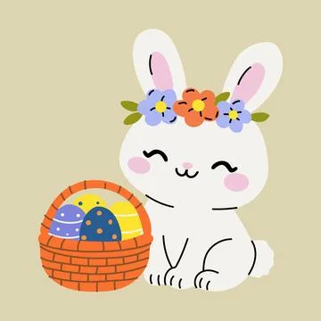 Cute Easter Bunny with Flower Crown and Egg Basket Stock Illustration