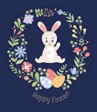 Cute Easter bunny with flowers and easter eggs. Holiday poster Happy Easter.. Stock Illustration