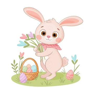 Cute Easter Bunny with flowers flat style isolated icon. Rabbit or hare spring Stock Illustration