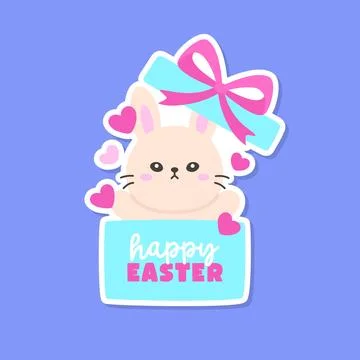 Cute Easter Bunny in Gift Box with Hearts and Happy Easter Text Illustrazione stock