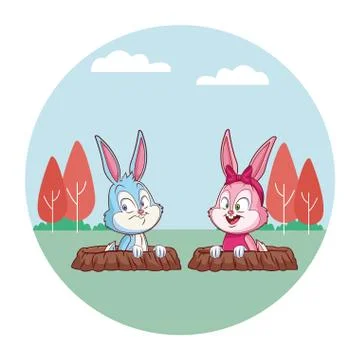 Cute easter bunny happy friends rabbit hole spring nature background trees Ilustración de archivo