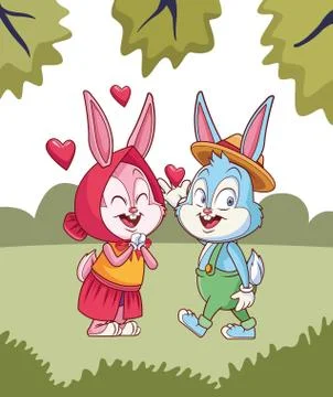Cute easter bunny happy friends spring nature background trees Stockillustratie