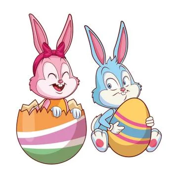 Cute easter bunny happy friends cracked egg Stock Illustration