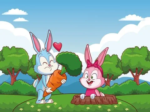 Cute easter bunny happy friends rabbit hole nature background trees Stock Illustration