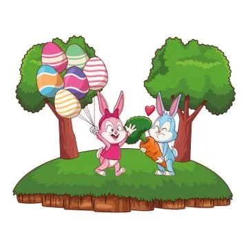 Cute easter bunny happy friends egg ballons nature background frame trees イラスト素材