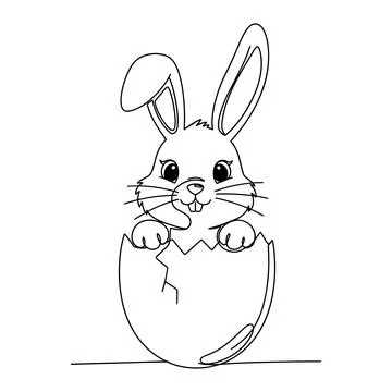 Cute Easter Bunny Hatching From Cracked Egg Line Art Vector Stock Illustration