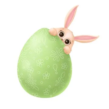 Cute Easter bunny hiding behind an Easter egg. Rabbit on a white background イラスト素材