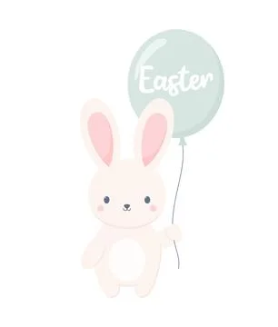 Cute Easter bunny holding balloon, isolated on a white background Stock Illustration