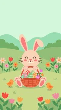 Cute Easter Bunny Holding Basket of Colorful Eggs in Spring Garden Stock Illustration