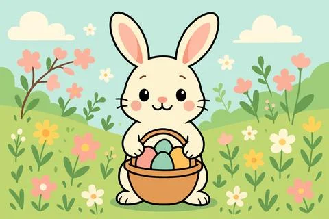 Cute easter bunny holding basket of eggs in spring meadow 스톡 일러스트