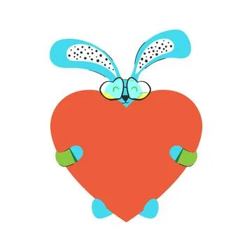 Cute Easter Bunny Holding Big Red Heart Hand Drawn Vector Illustration Illustrazione stock