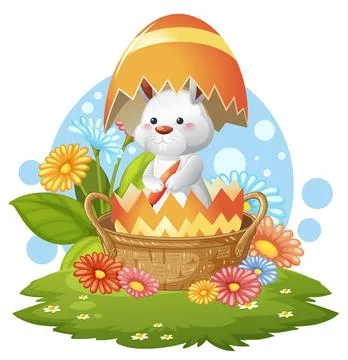 Cute Easter Bunny Holding a Carrot Inside a Cracked Egg Shell Stock Illustration