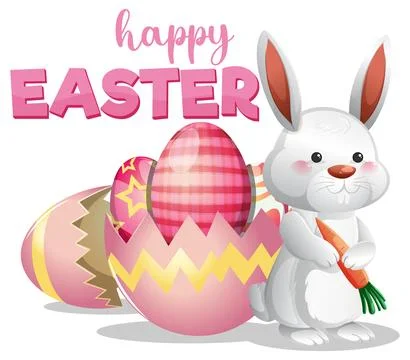 Cute Easter Bunny Holding a Carrot with Colorful Decorated Eggs Stock Illustration