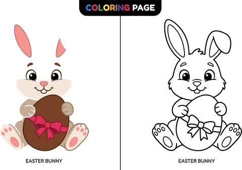 Cute Easter Bunny Holding Chocolate Egg Coloring Page for Kids. Stock Illustration