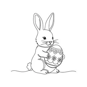 Cute Easter Bunny Holding Decorated Egg Minimal Line Art Vector Stock Illustration
