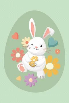 Cute Easter bunny holding decorated egg hand drawn style with light green b.. Stock Illustration