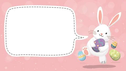 Cute Easter bunny holding decorated egg with blank speech bubble hand drawn.. Stock Illustration