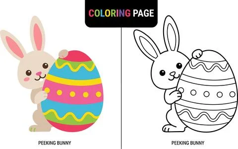 Cute Easter Bunny Holding a Decorated Egg Coloring Page for Kids. Stock Illustration