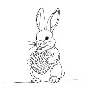 Cute Easter Bunny Holding Decorative Egg Sweet Line Art Vector Stockillustratie