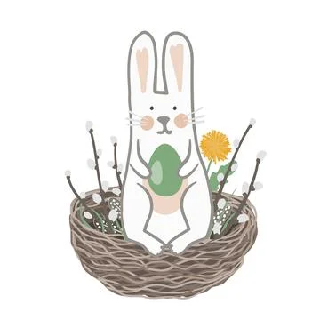 Cute Easter bunny holding egg in his paws and sitting in a nest decorated with Stock Illustration