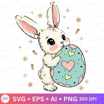 Cute Easter Bunny Holding an Egg - Whimsical Springtime Illustration EPS Stock Illustration