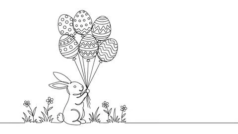 Cute Easter Bunny Holding Egg Balloons Minimal Line Art Vector Stock Illustration