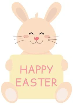 Cute easter bunny holding greeting card with text Happy Easter. Illustrazione stock