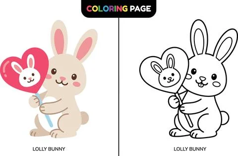 Cute Easter Bunny Holding a Heart Lollipop Coloring Page. Stock Illustration