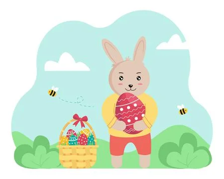 Cute Easter bunny is holding a painted egg Illustrazione stock