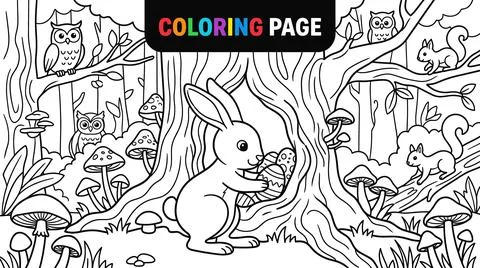 Cute Easter Bunny Holding Painted Eggs in Enchanted Forest Coloring Page. 스톡 일러스트