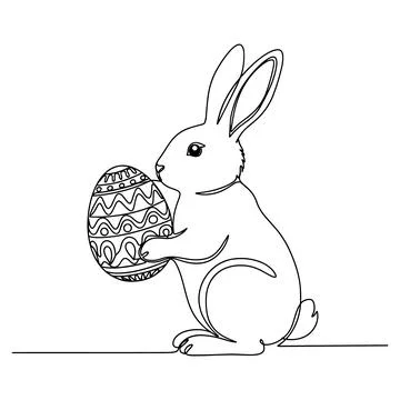 Cute Easter Bunny Holding Patterned Egg Sweet Line Art Stock Illustration