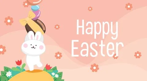 Cute easter bunny holding pile of eggs Stock Illustration