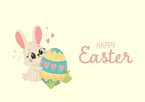 Cute Easter Bunny Hugging a Big Decorated Egg. Hand-Drawn Vector for Cards,.. Illustrazione stock